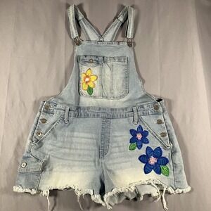 No Boundaries Overalls 2XL Blue Denim Floral Embroidered Shortalls